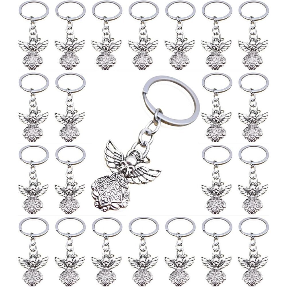 50PCS Silver Tone Guardian Angel Charm Keychain Key Ring